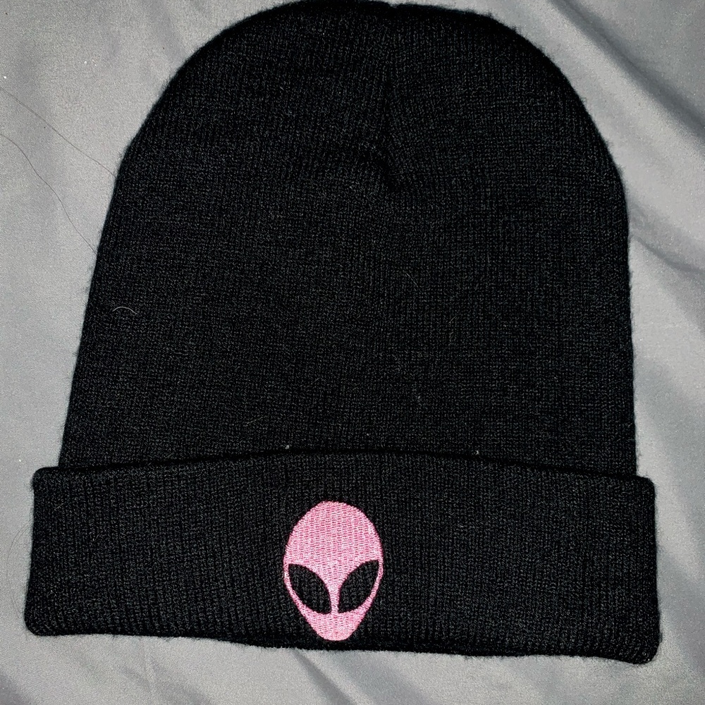 Black beanie with pink alien patch